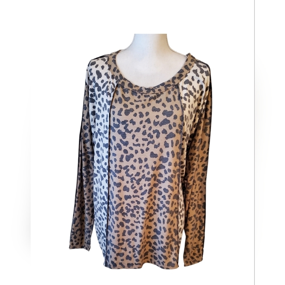 BiBi Leopard Print Color Block Jersey Knit Long Sleeve Top Tan Black Size L